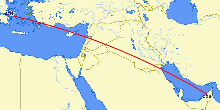 перелет Афины — Дубай на карте
