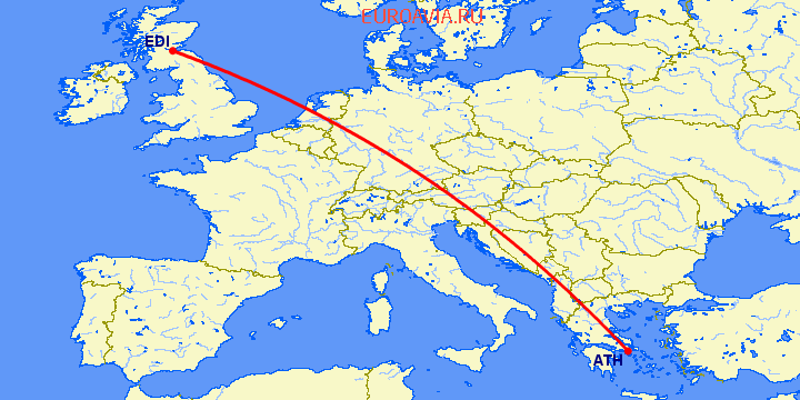перелет Афины — Эдинбург на карте
