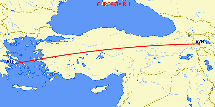 перелет Афины — Ереван на карте
