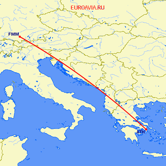 перелет Афины — Мемминген на карте