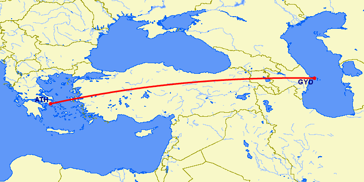 перелет Афины — Баку на карте