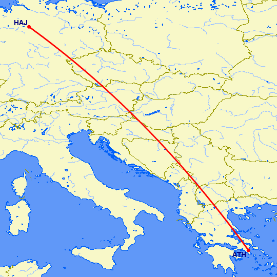 перелет Афины — Ганновер на карте