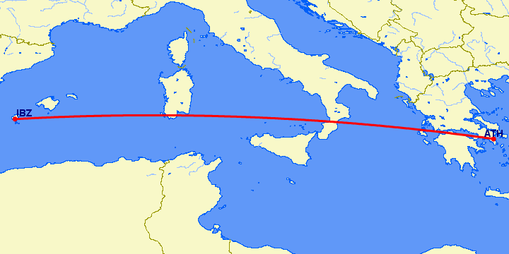 перелет Афины — Ибица на карте