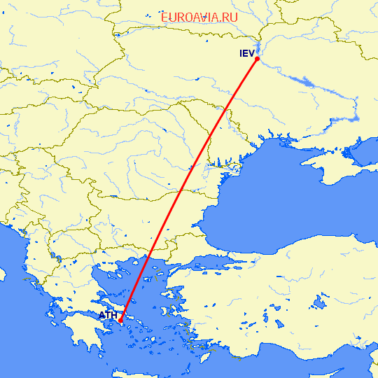 перелет Афины — Киев на карте
