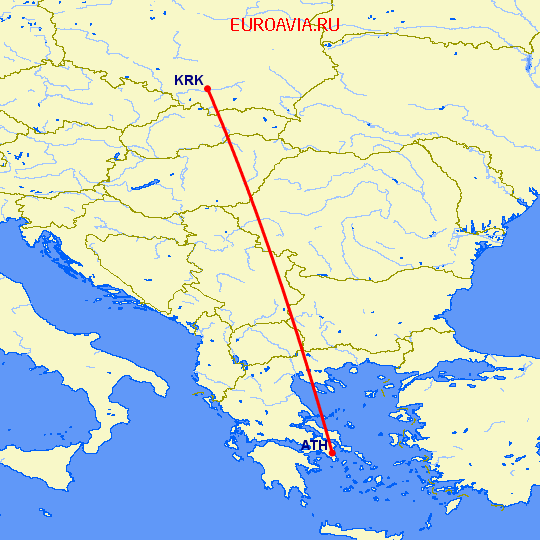 перелет Афины — Краков на карте