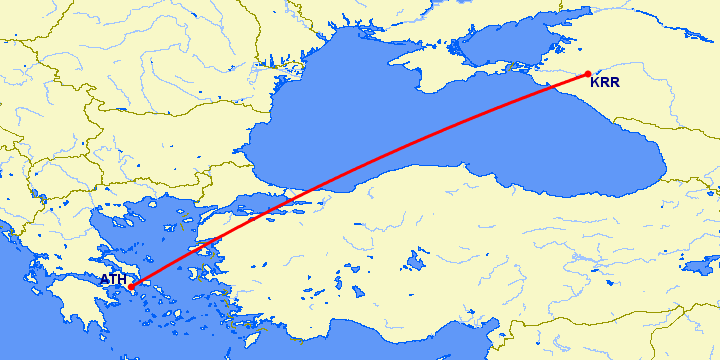 перелет Афины — Краснодар на карте