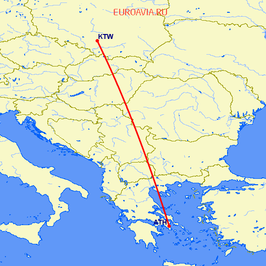 перелет Афины — Катовице на карте
