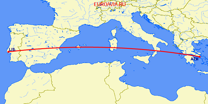 перелет Афины — Лиссабон на карте