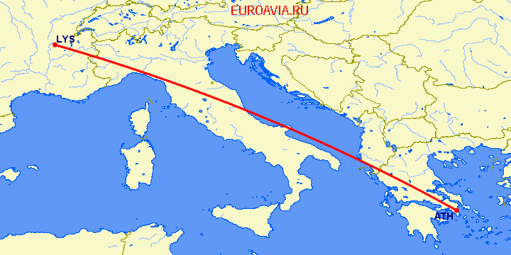 перелет Афины — Лион на карте