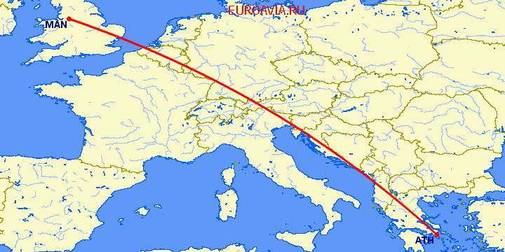перелет Афины — Манчестер на карте