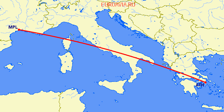 перелет Афины — Монпелье на карте