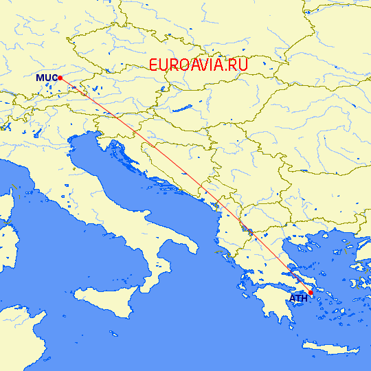 перелет Афины — Мюнхен на карте