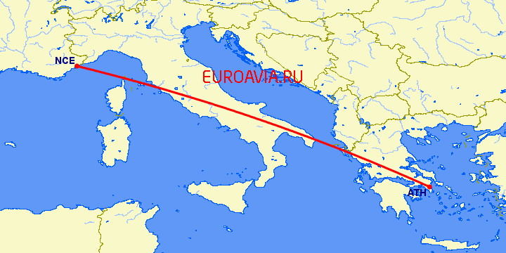 перелет Афины — Ницца на карте
