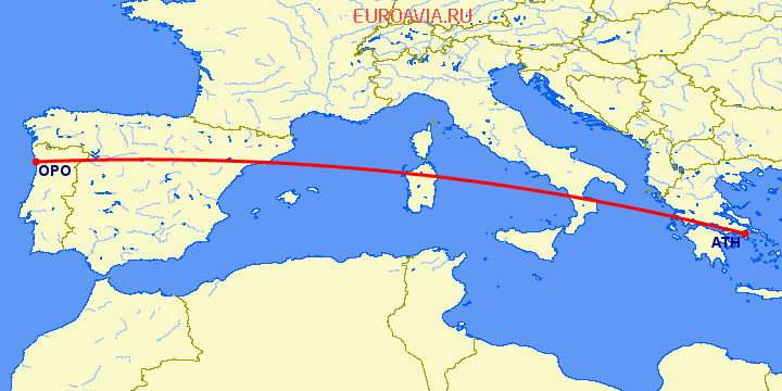 перелет Афины — Порту на карте