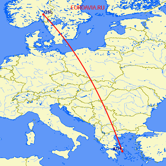 перелет Афины — Осло на карте