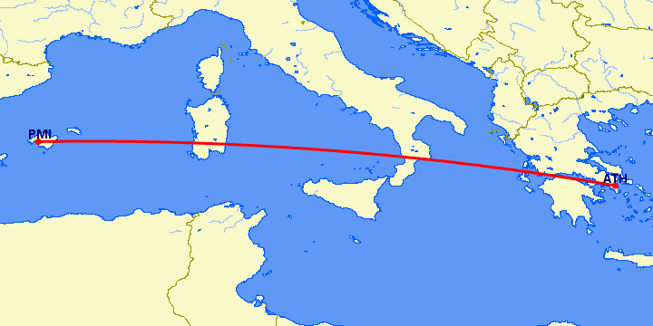 перелет Афины — Пальма де Майорка на карте