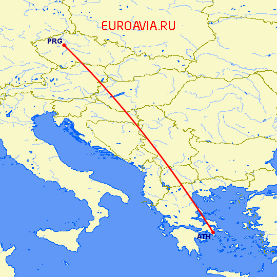перелет Афины — Прага на карте