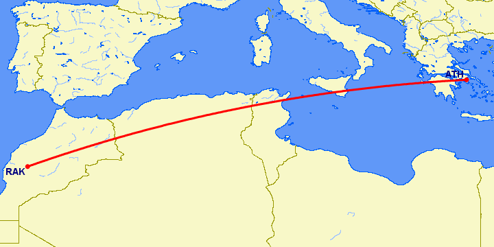 перелет Афины — Марракеш на карте