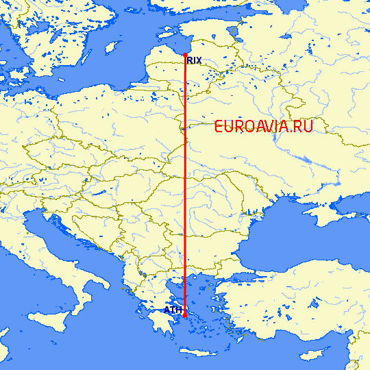 перелет Афины — Рига на карте
