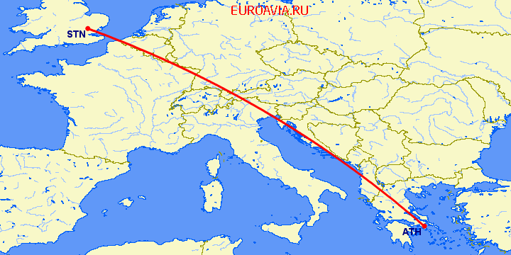 перелет Афины — Лондон на карте