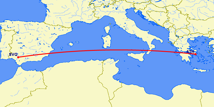 перелет Афины — Севилья на карте