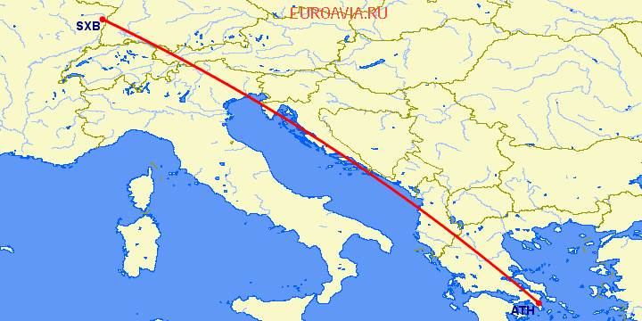 перелет Афины — Страсбург на карте