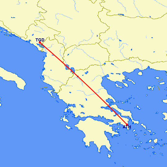 перелет Афины — Подгорица на карте