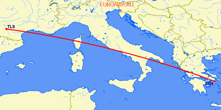 перелет Афины — Тулуза на карте