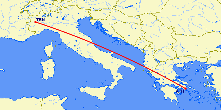 перелет Афины — Турин на карте