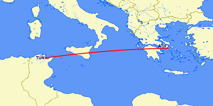 перелет Афины — Тунис на карте