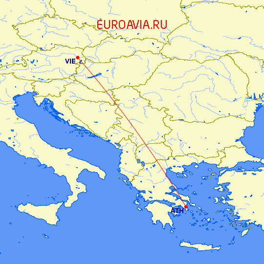 перелет Афины — Вена на карте
