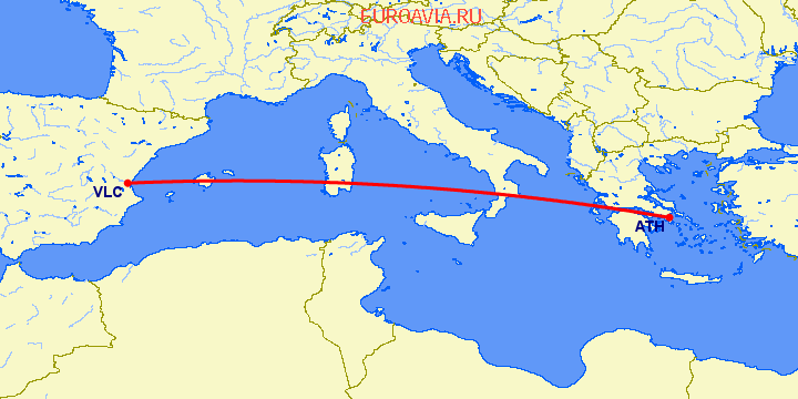 перелет Афины — Валенсия на карте