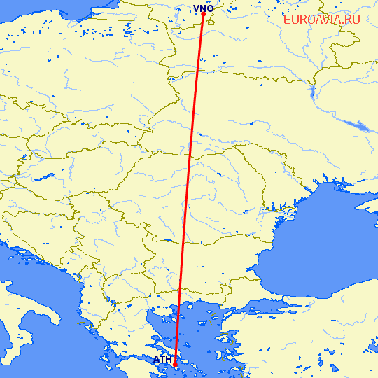 перелет Афины — Вильнюс на карте
