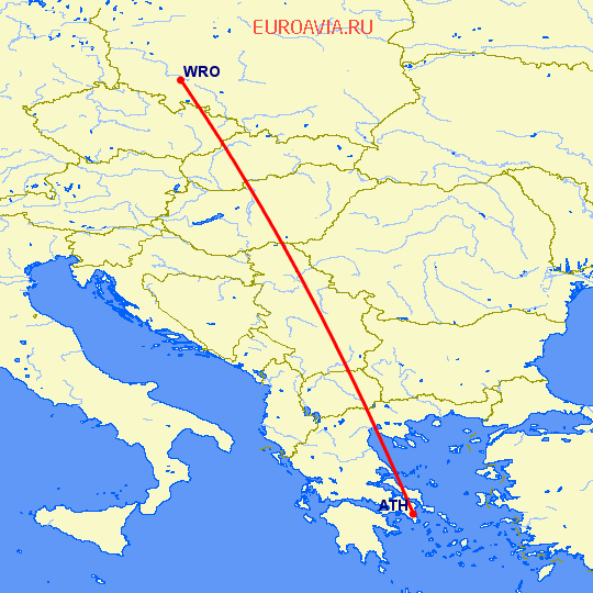 перелет Афины — Вроцлав на карте