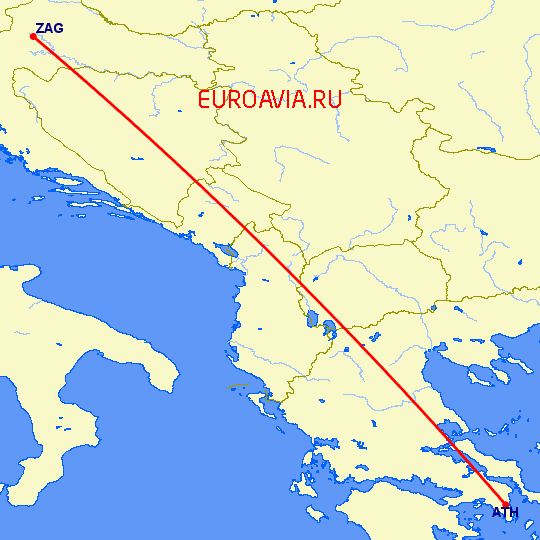 перелет Афины — Загреб на карте