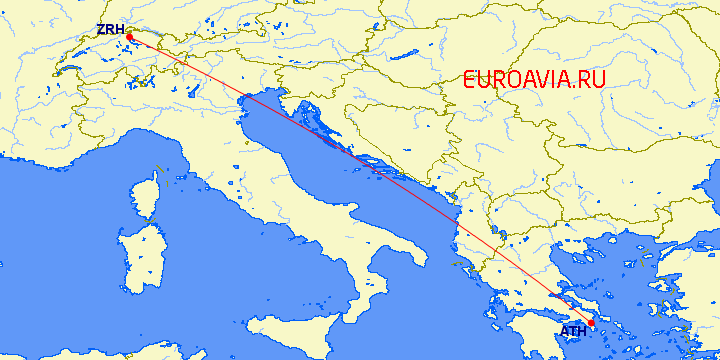 перелет Афины — Цюрих на карте