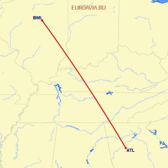 перелет Атланта — Bloomington-Normal на карте