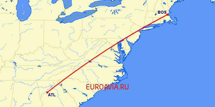 перелет Атланта — Бостон на карте
