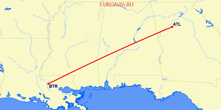 перелет Атланта — Батон Руж на карте