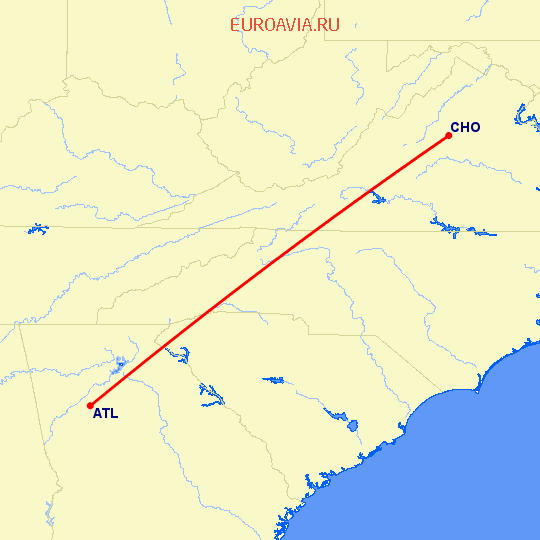 перелет Атланта — Шарлоттсвилл на карте