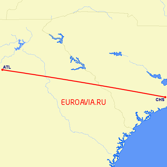 перелет Атланта — Чарльстон на карте