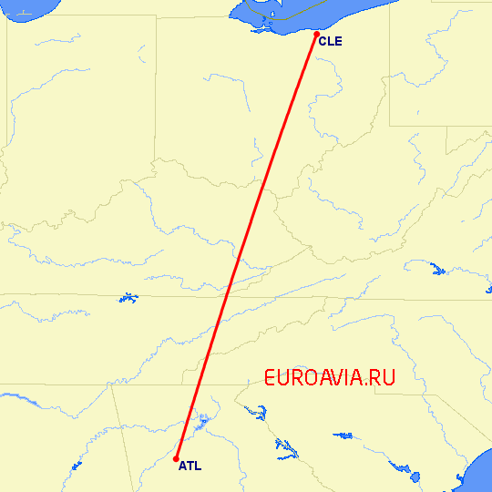 перелет Атланта — Кливленд на карте