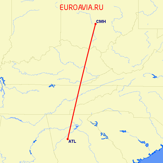 перелет Атланта — Колумбус на карте
