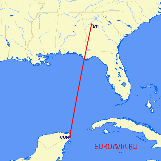 перелет Атланта — Канкун на карте