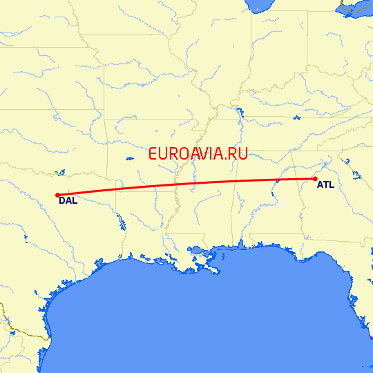 перелет Атланта — Даллас на карте