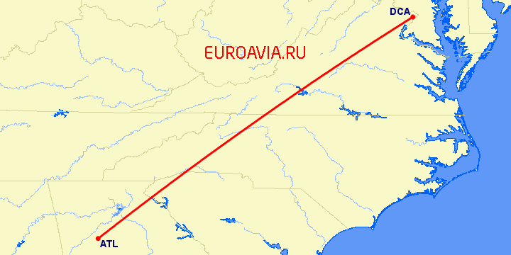 перелет Атланта — Вашингтон на карте