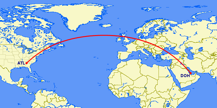 перелет Атланта — Доха на карте