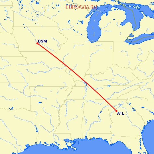 перелет Атланта — Des Moines на карте