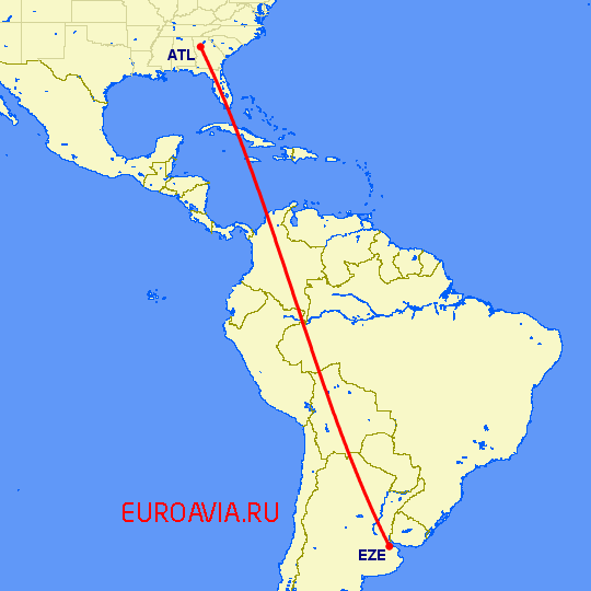 перелет Атланта — Буэнос Айрес на карте
