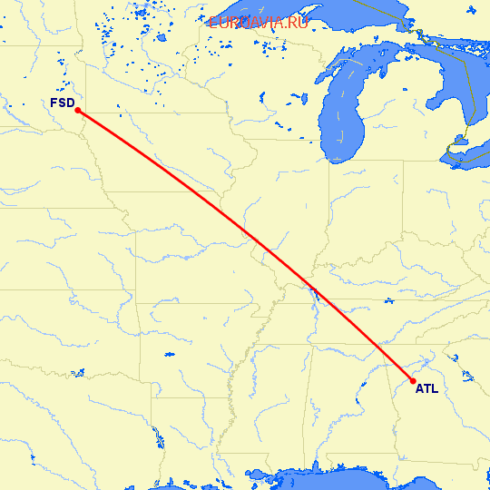 перелет Атланта — Sioux Falls на карте